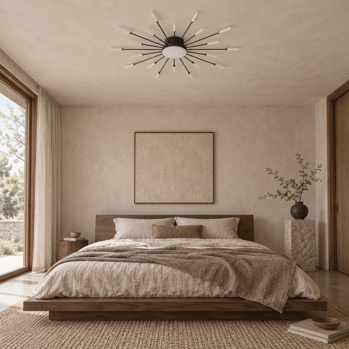 Erges flush ceiling light in black, in a bedroom.