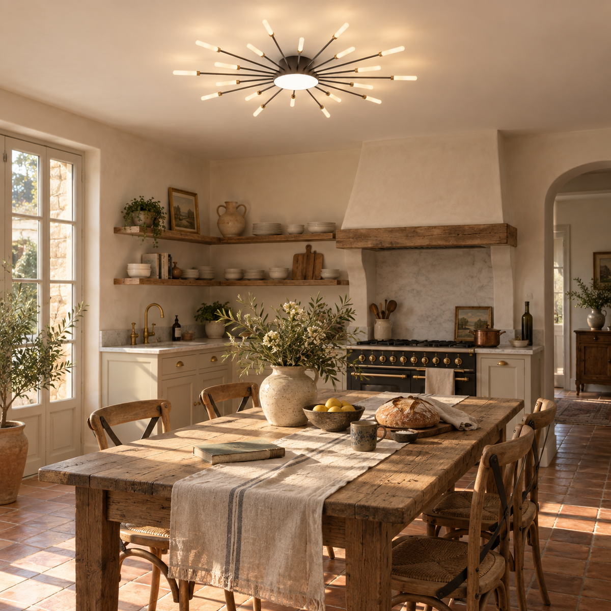 Erges flush ceiling light in black, in a kitchen.