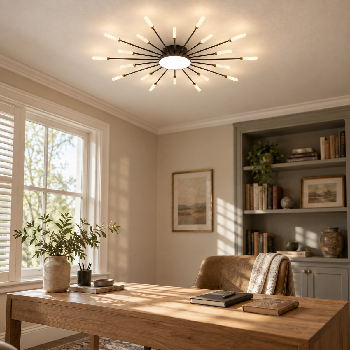 Erges flush ceiling light in black, in a study.