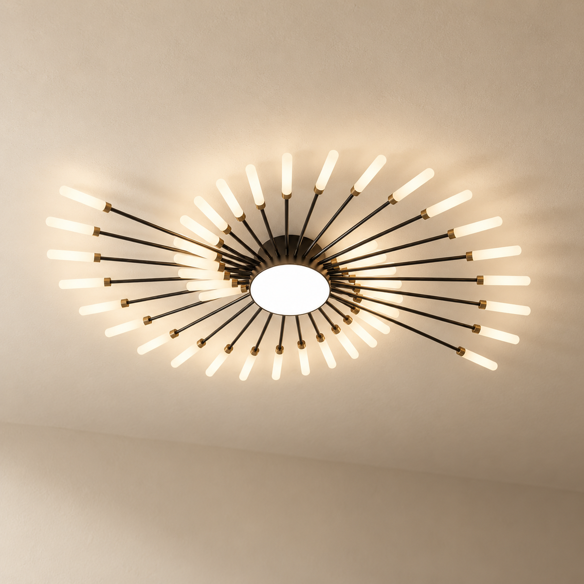 Erges flush ceiling light in black, swirl version, on a plain ceiling.