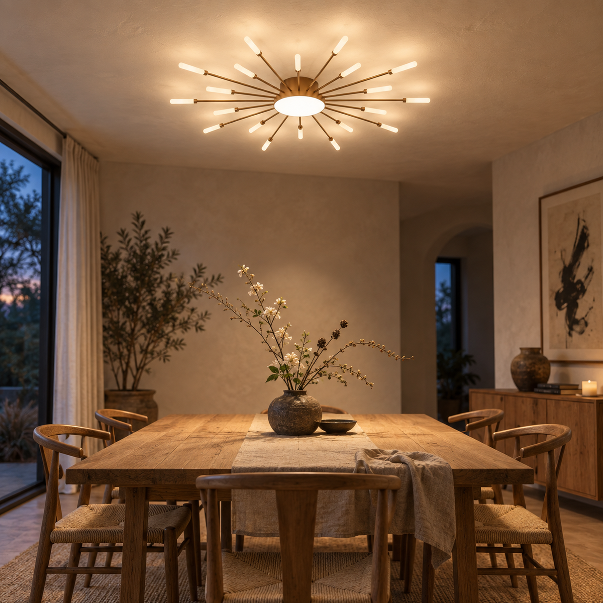 Erges flush ceiling light in gold, in a dining room.