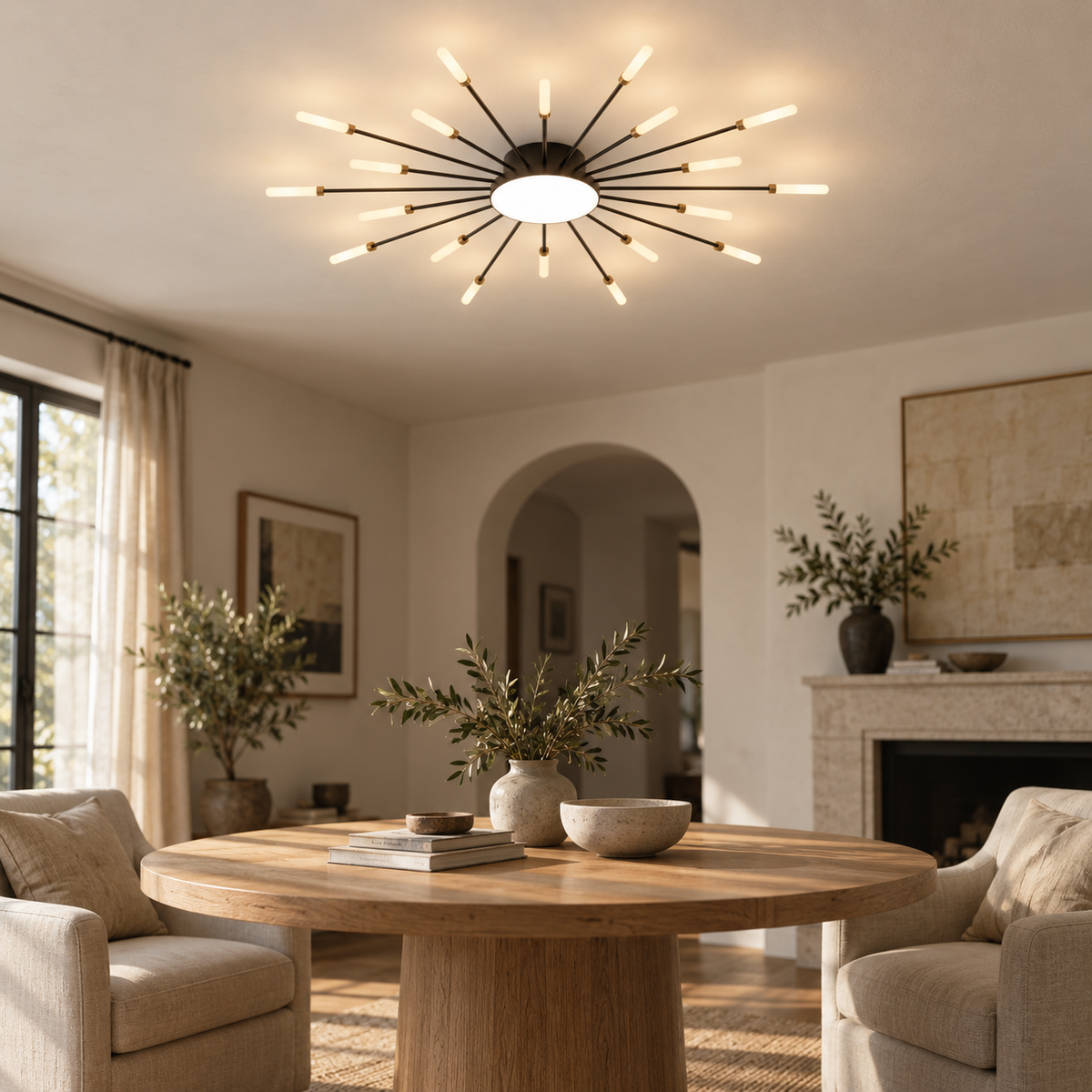 Erges flush ceiling light in gold, in a living room.