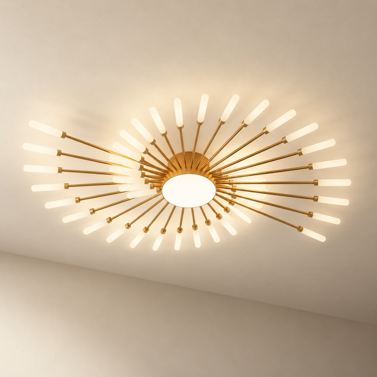 Erges flush ceiling light in gold, swirl version, on a plain ceiling.