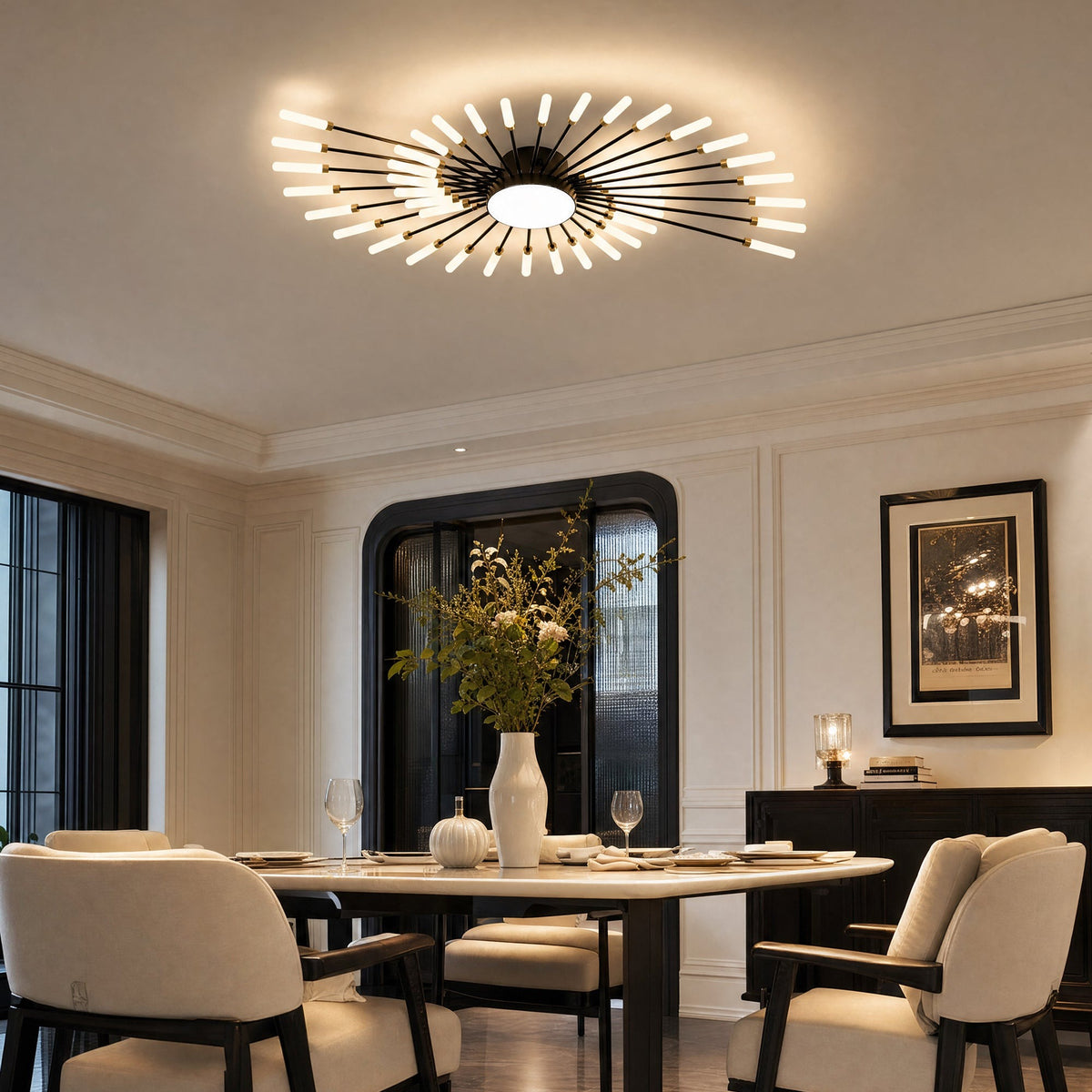 Erges flush ceiling light, in a dining room.