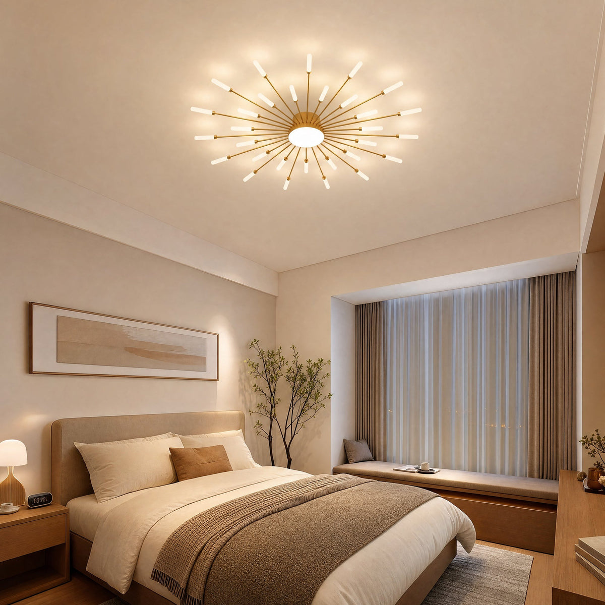 Erges flush ceiling light, in a bedroom.