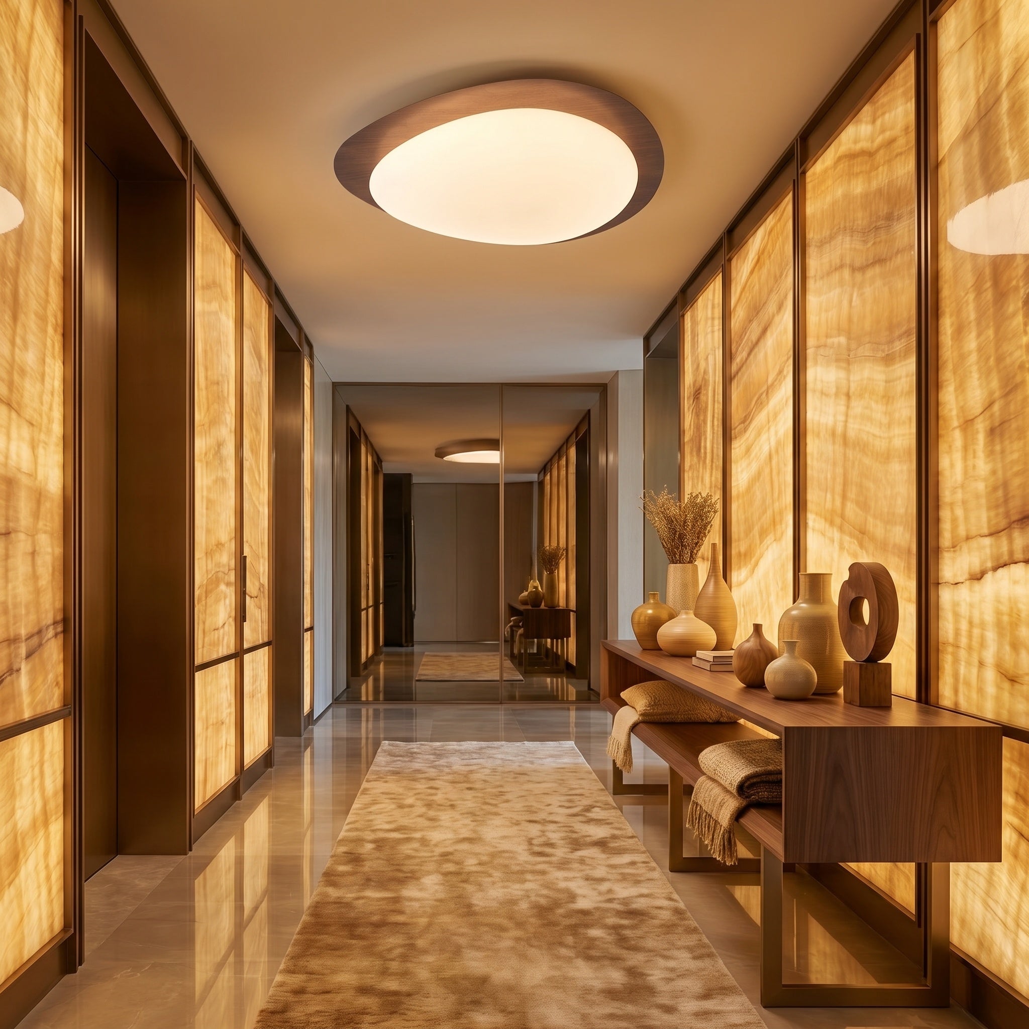 Ericeira pebble form flush mount ceiling light lighting a hallway with wood-tone walls