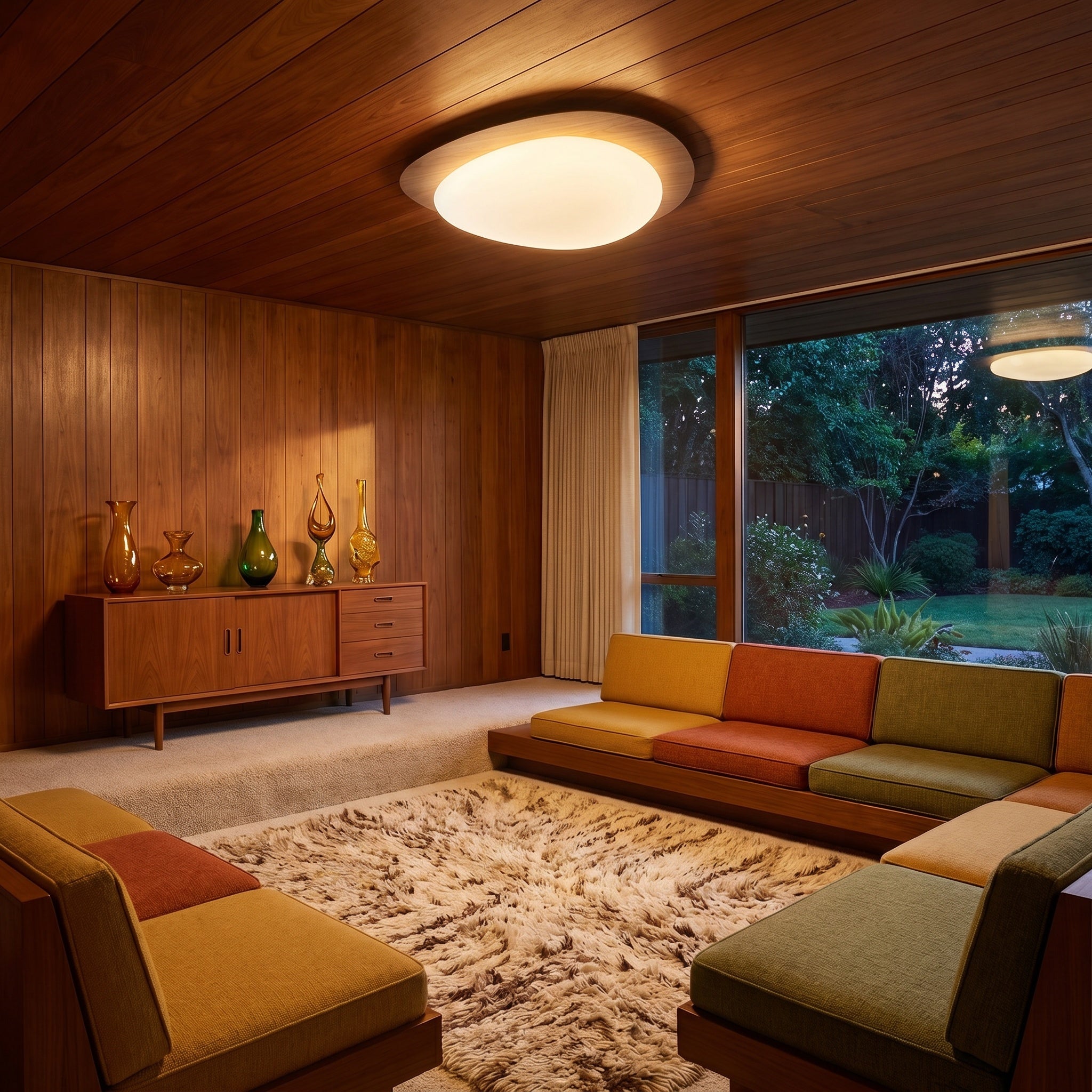 Ericeira pebble form flush mount ceiling light on a low ceiling in a reading nook