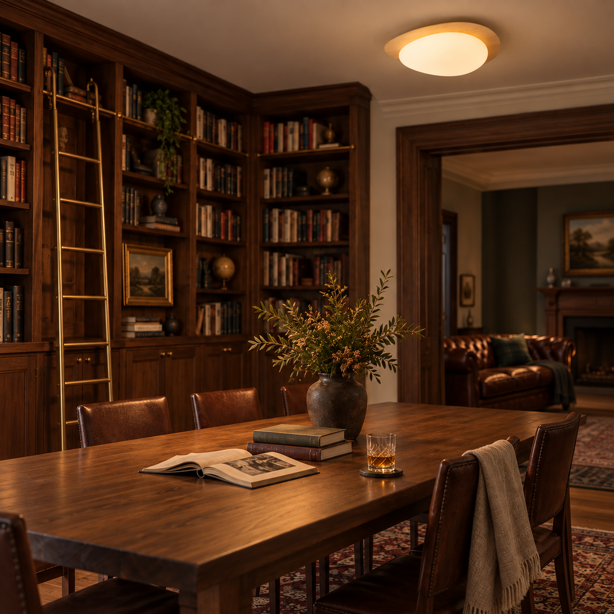 Ericeira pebble form flush mount ceiling light in natural wood grain, in a home library.