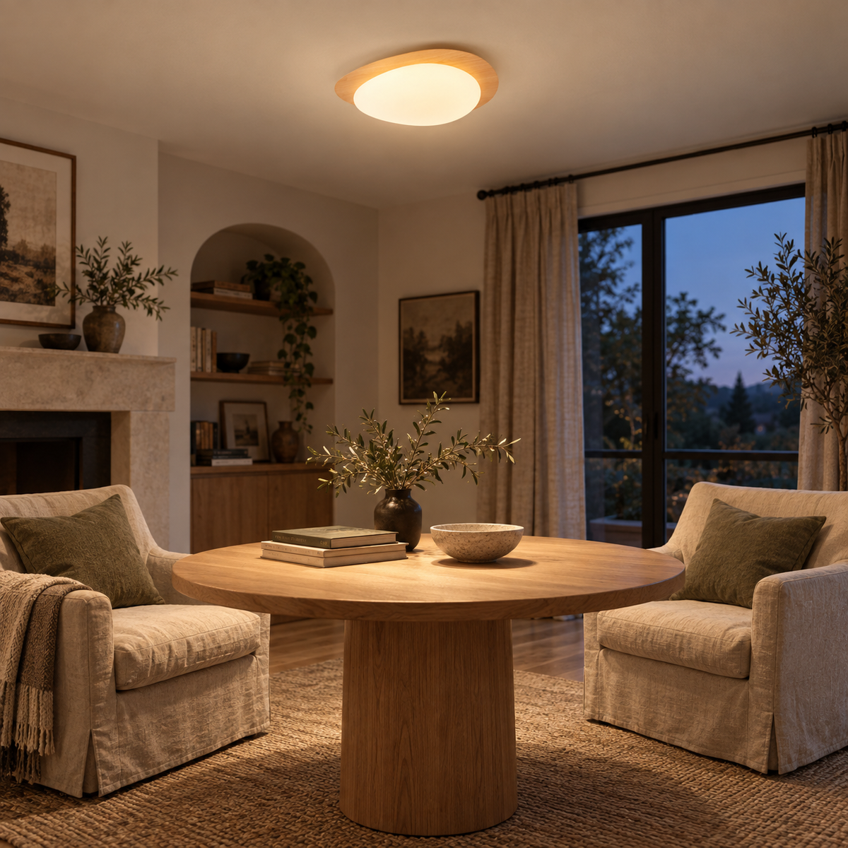 Ericeira pebble form flush mount ceiling light in natural wood grain, in a living room.