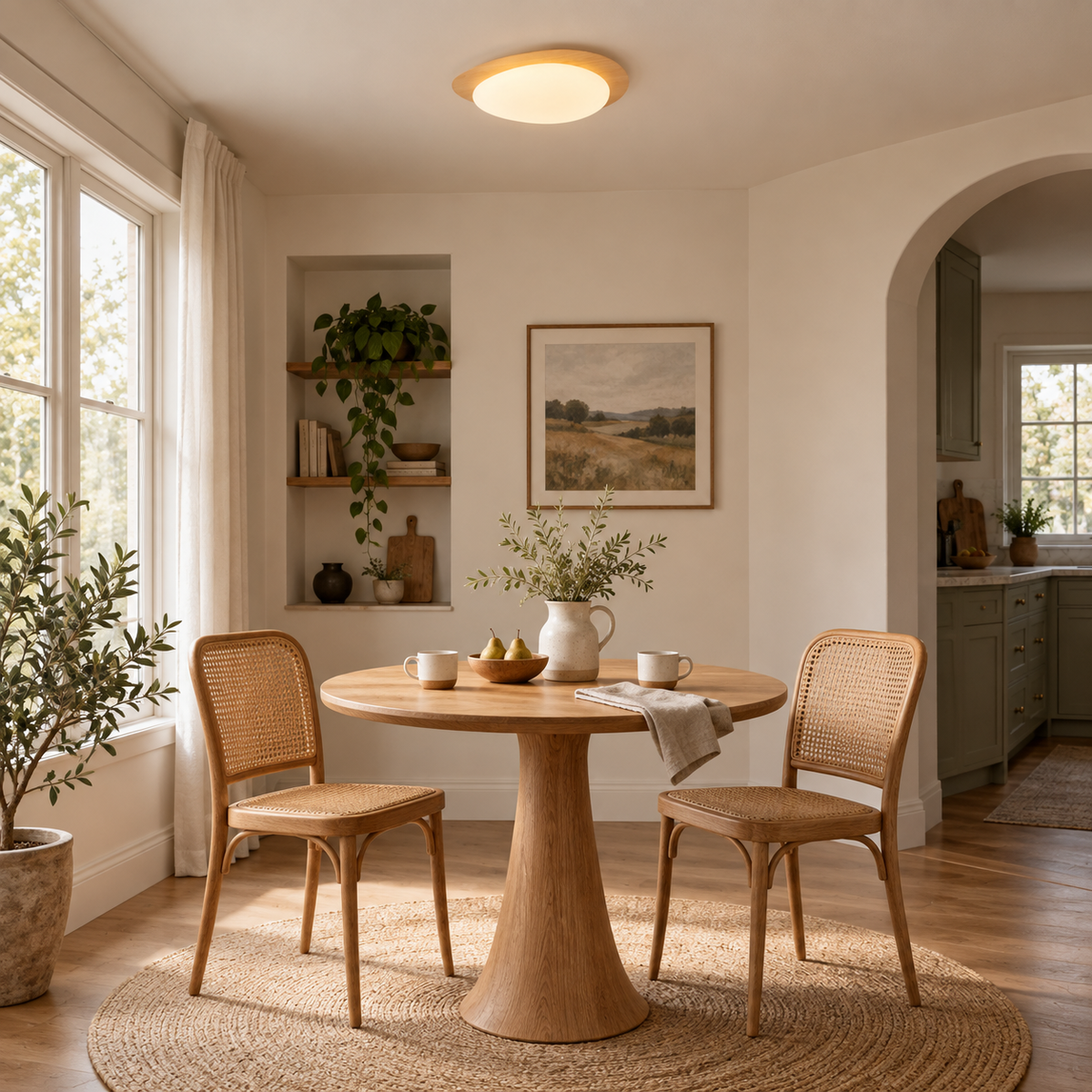 Ericeira pebble form flush mount ceiling light in walnut grain, beside a breakfast nook table.
