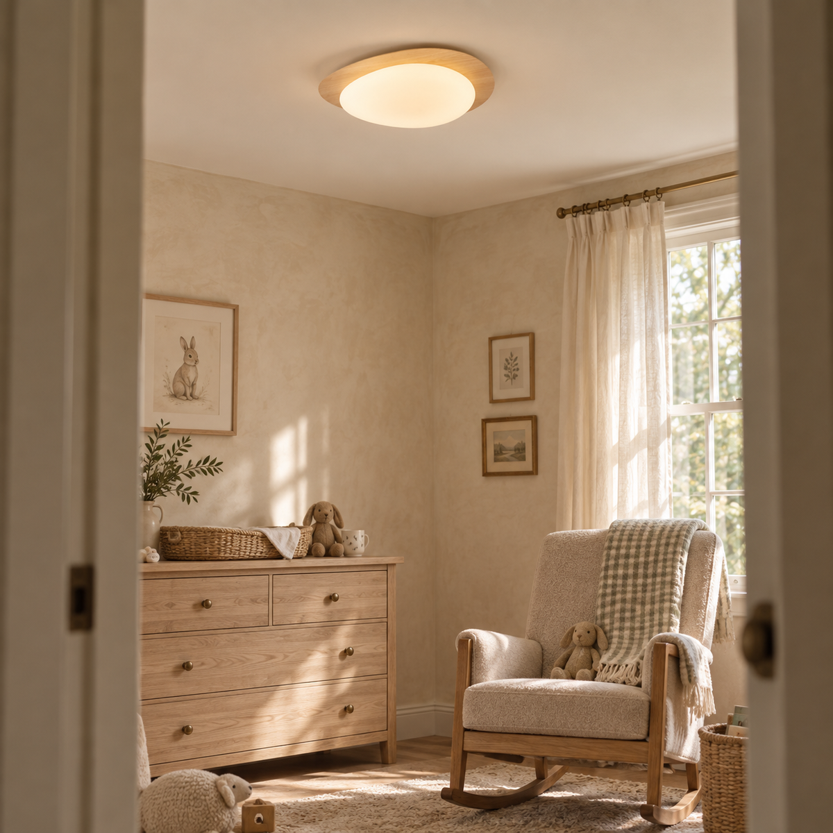 Ericeira pebble form flush mount ceiling light in walnut grain, in a nursery.