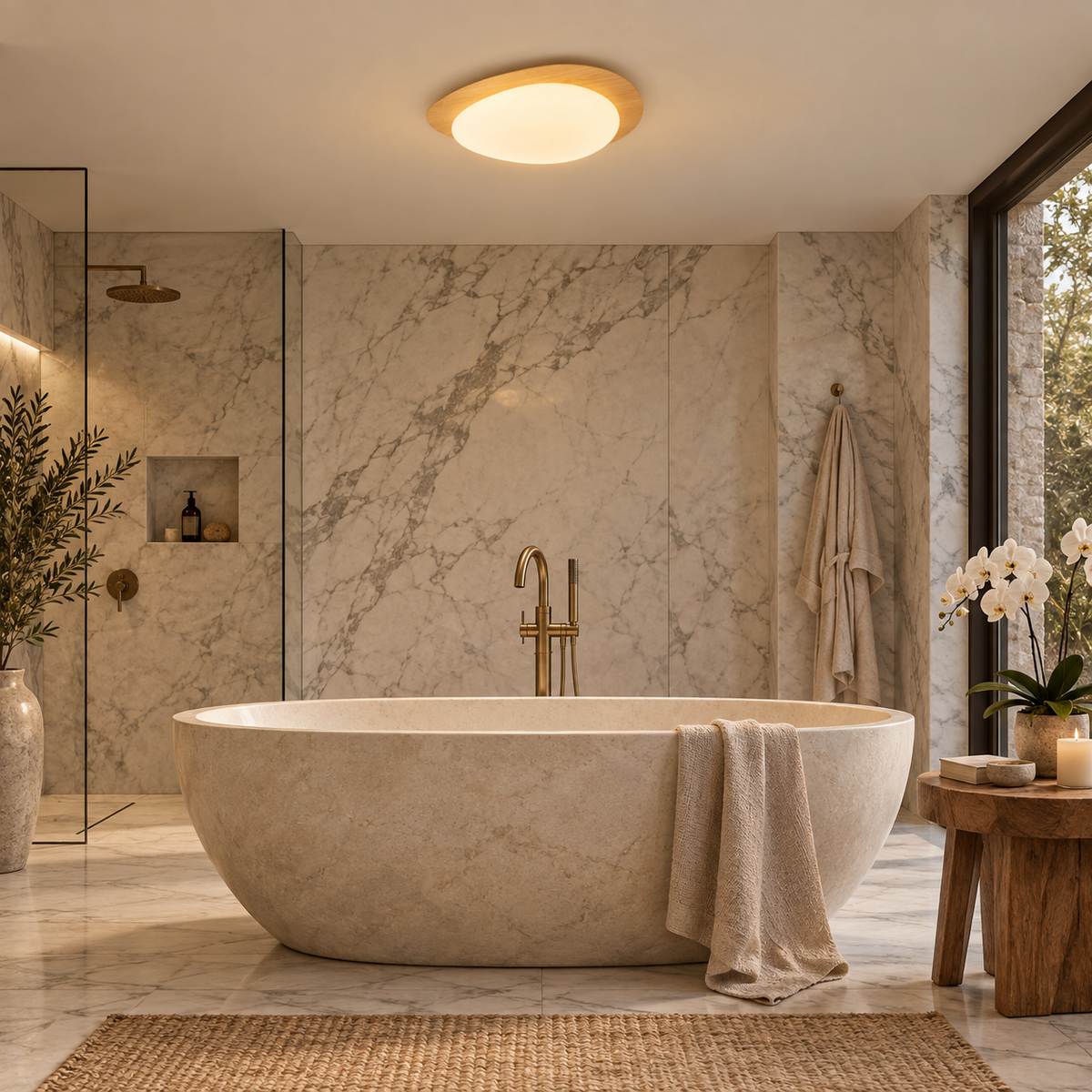 Ericeira pebble form flush mount ceiling light in walnut grain, in a bathroom.