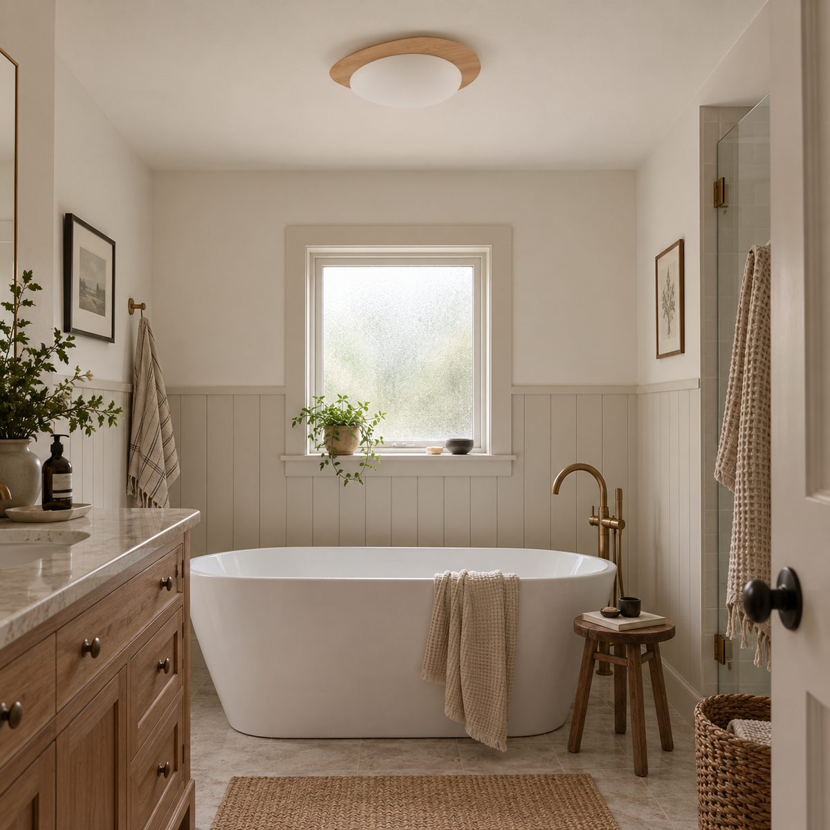 Ericeira pebble form flush mount ceiling light in walnut grain, in a bathroom, beside a bathtub rim.