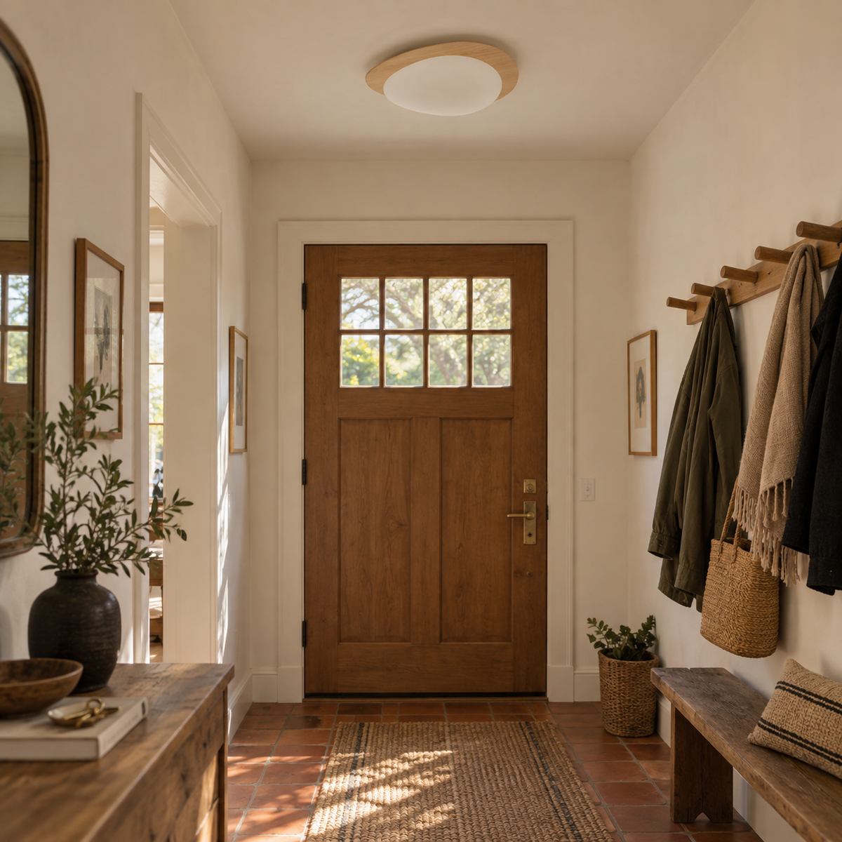 Ericeira pebble form flush mount ceiling light in walnut grain, in a hallway.