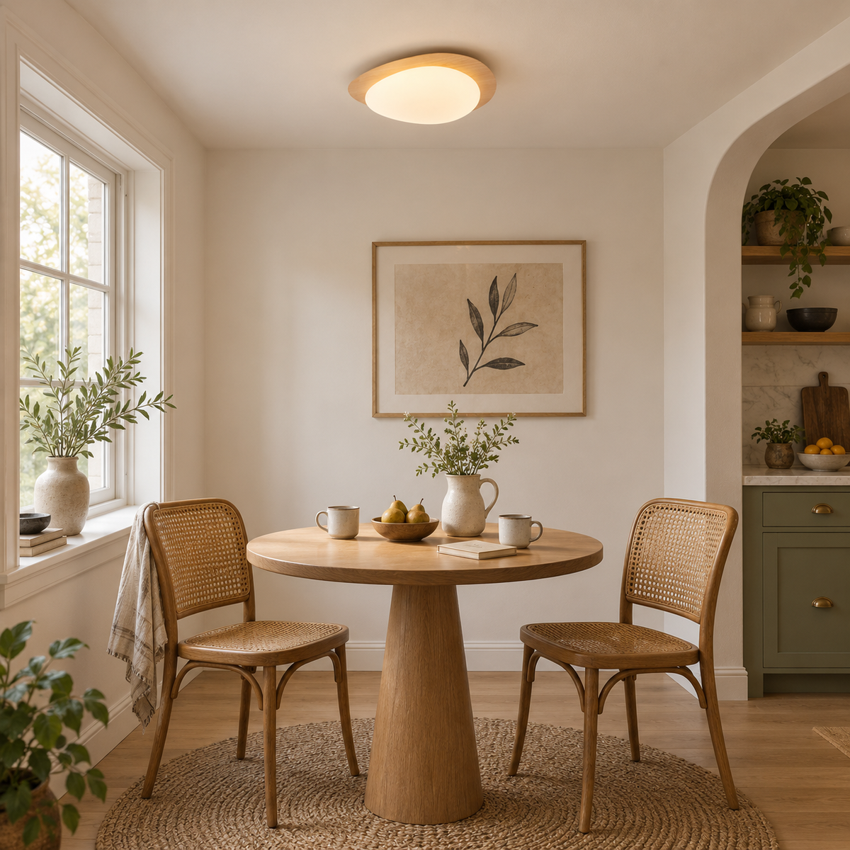 Ericeira pebble form flush mount ceiling light in walnut grain, in a breakfast nook.
