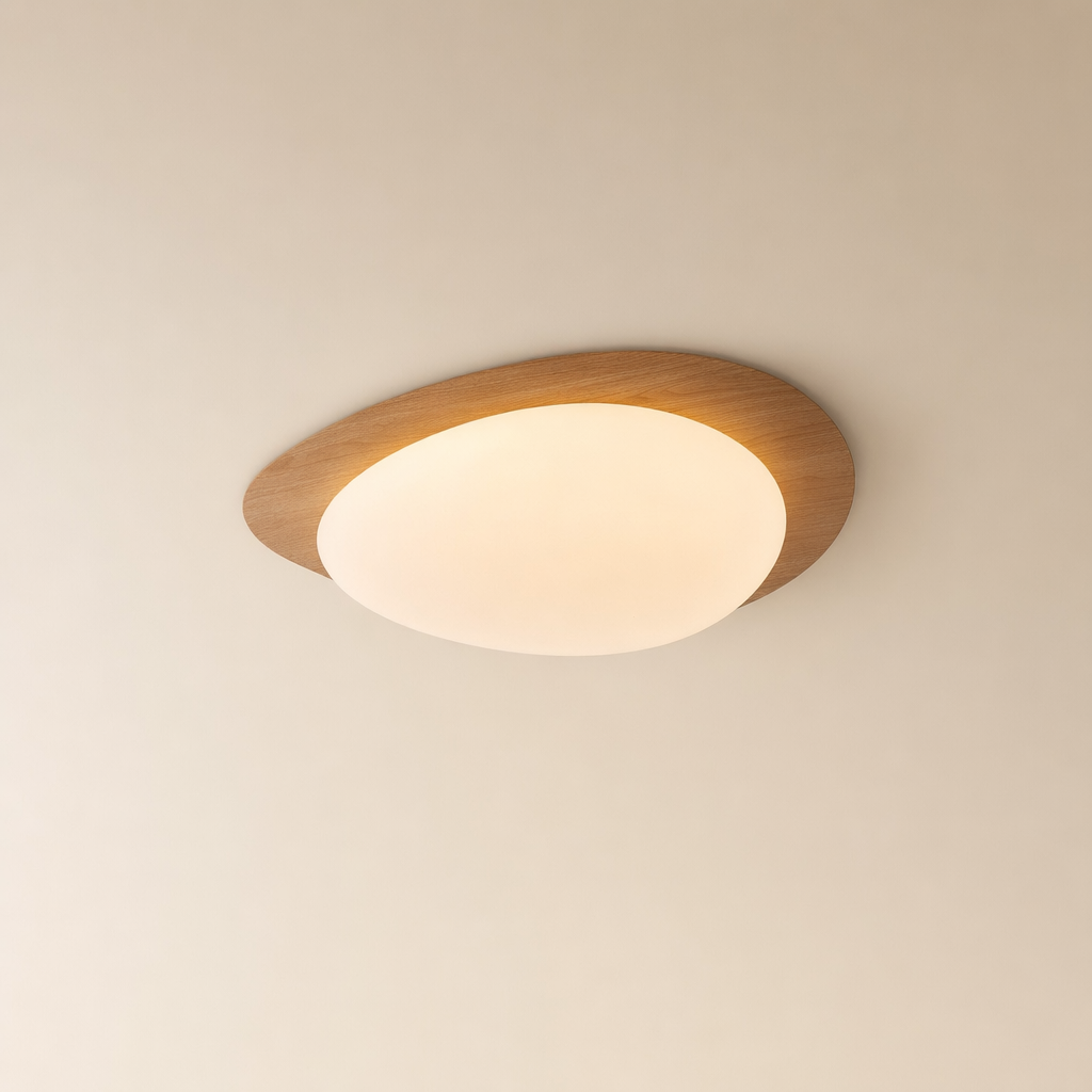 Ericeira pebble form flush mount ceiling light in walnut grain finish, front studio view
