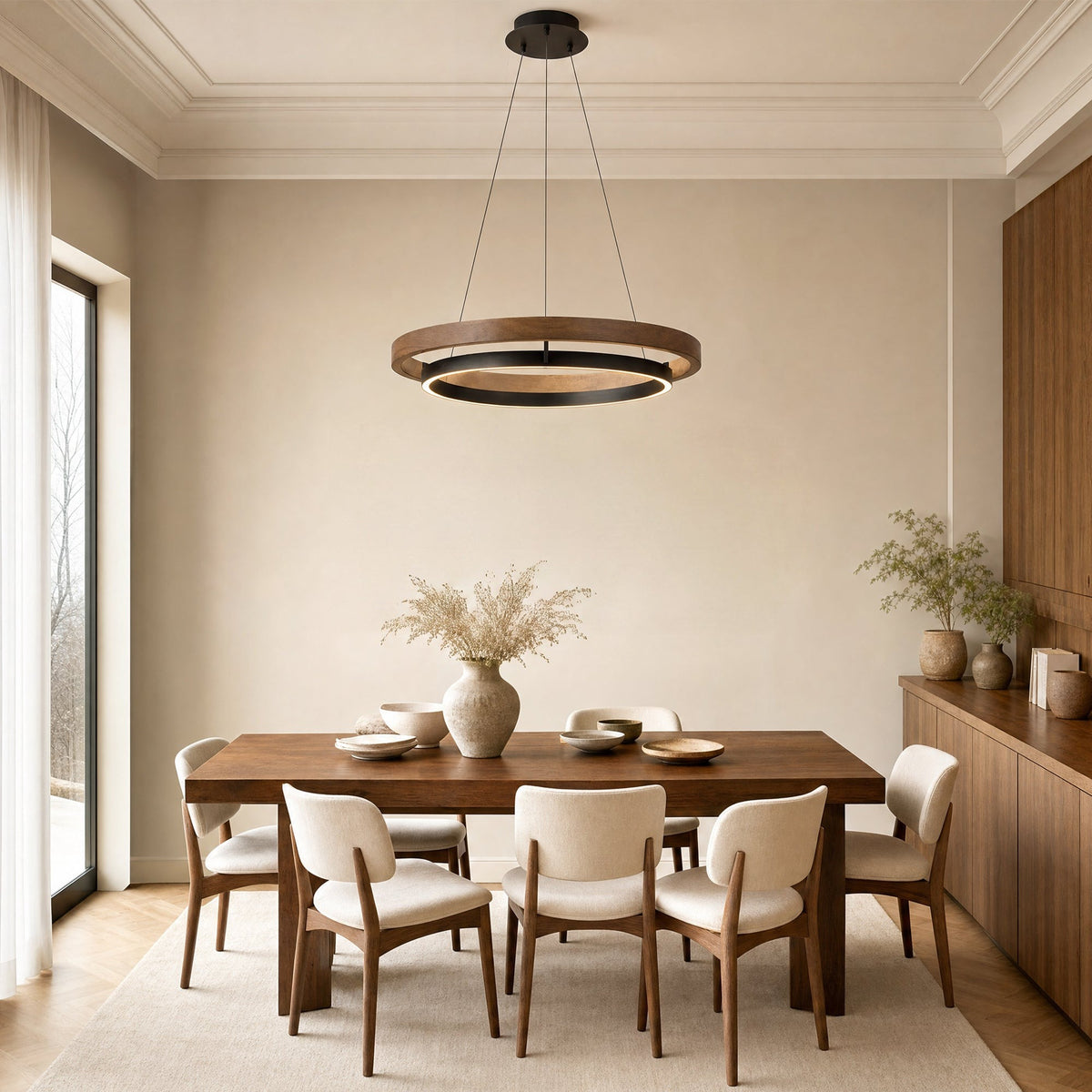 Espargos circular LED ceiling light, in a dining room.