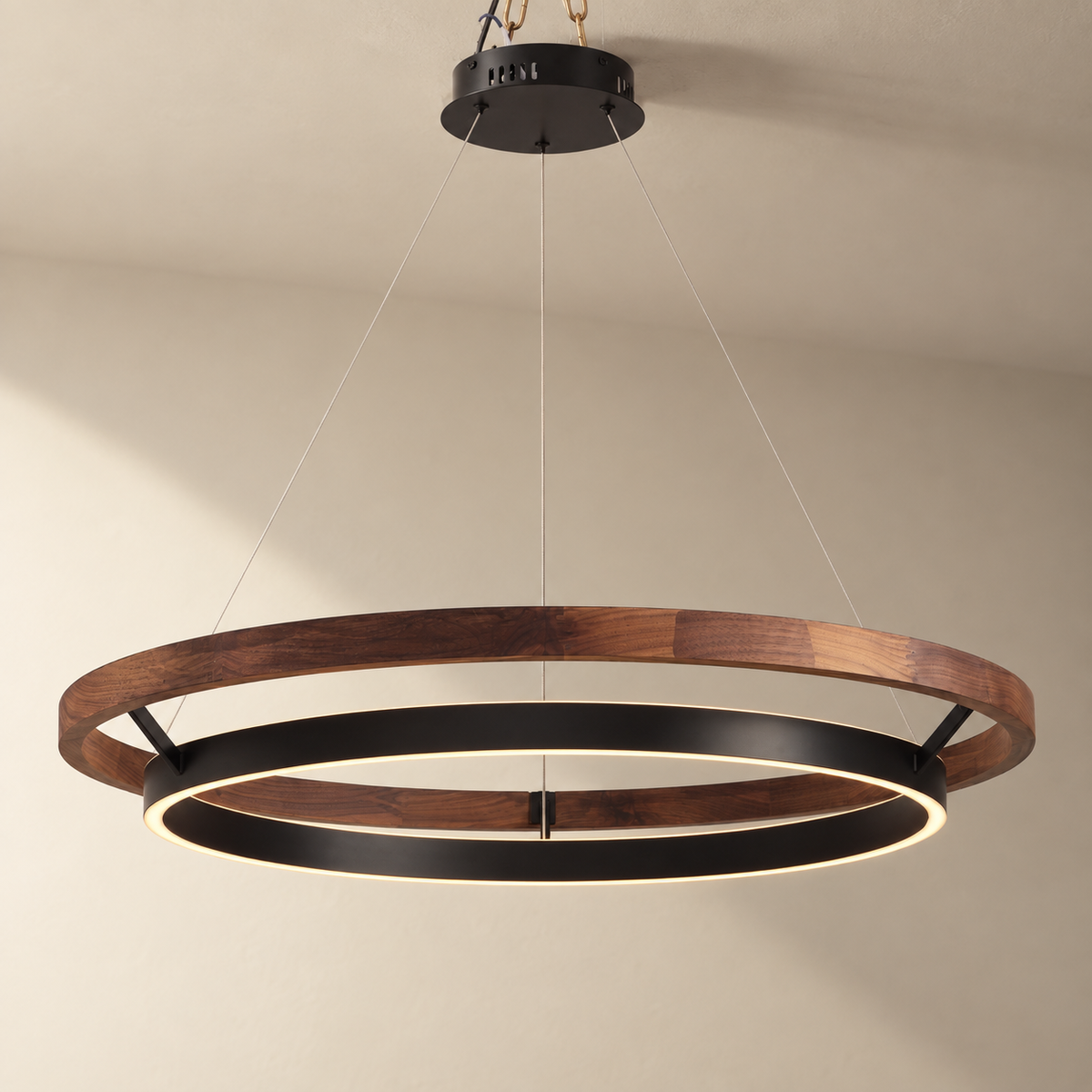 Espargos circular LED ceiling light in walnut, 80 cm diameter, on a plain ceiling.
