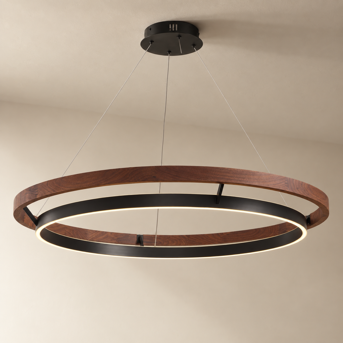 Espargos circular LED ceiling light in walnut, 100 cm diameter, on a plain ceiling.