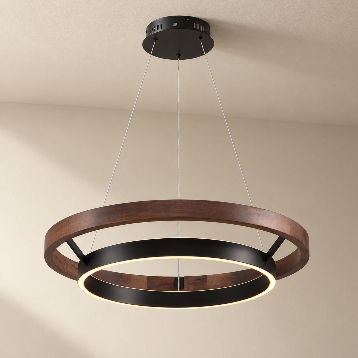 Espargos circular LED ceiling light in walnut, on a plain ceiling.
