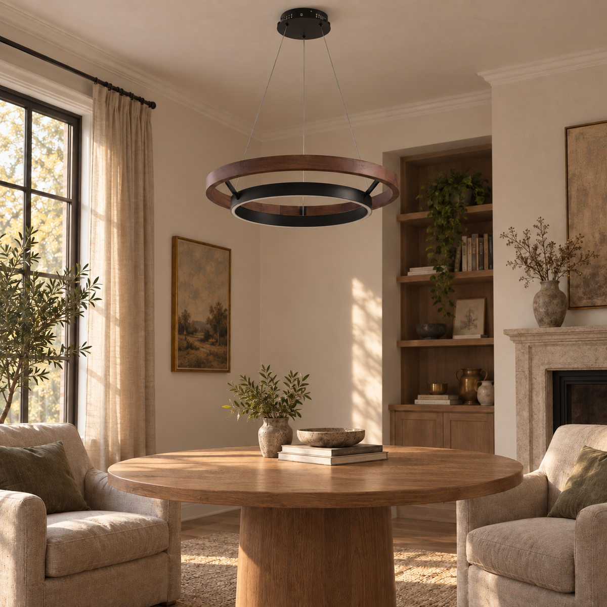 Espargos circular LED ceiling light in walnut, in a living room.