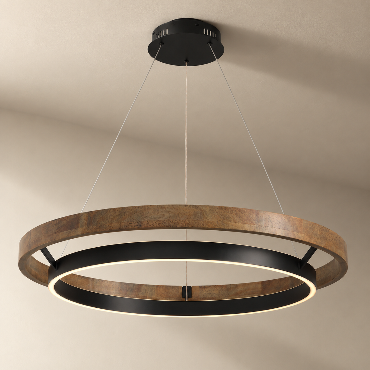 Espargos circular LED ceiling light, weathered wood, 80 cm diameter, on a plain ceiling.