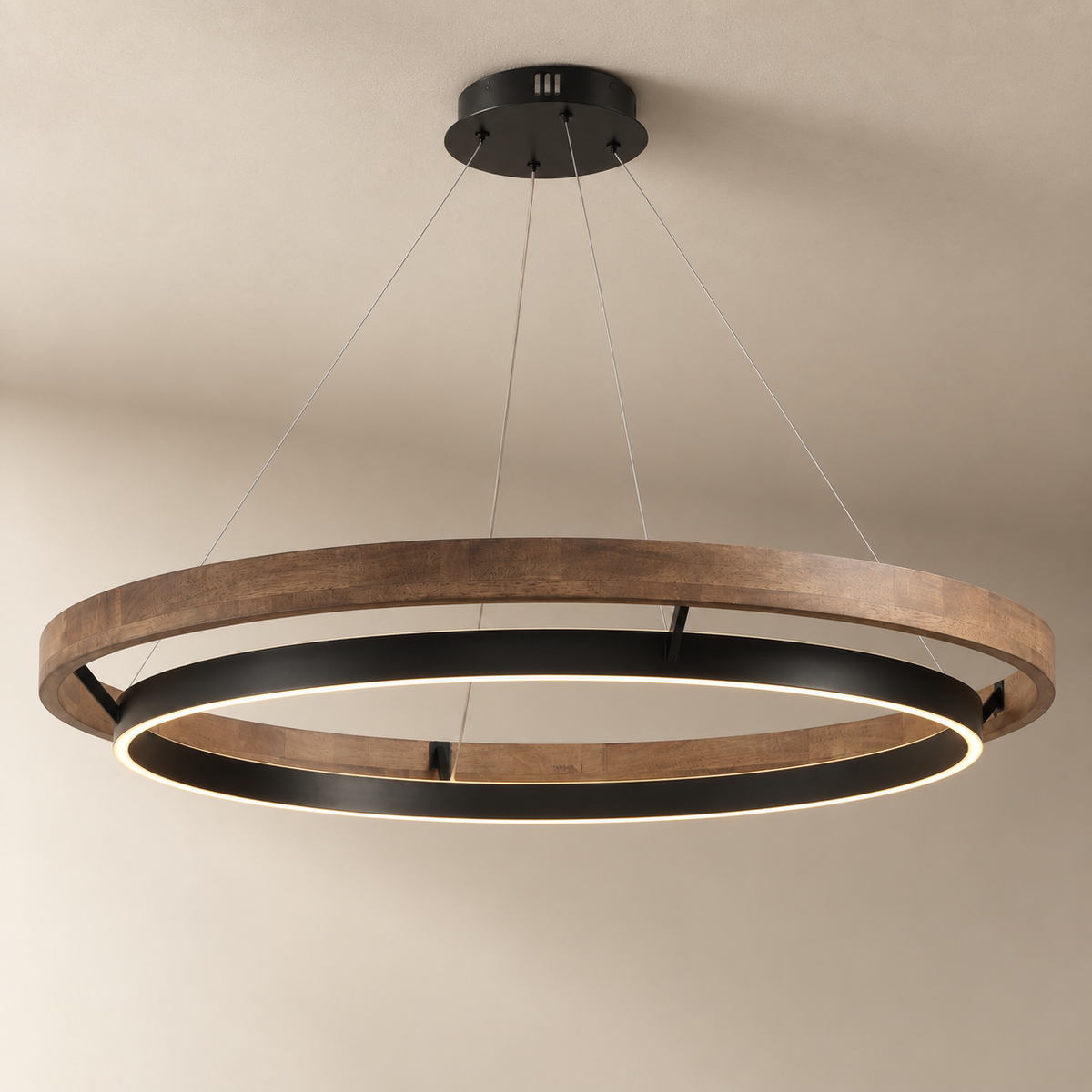 Espargos circular LED ceiling light, weathered wood, 100 cm diameter, on a plain ceiling.