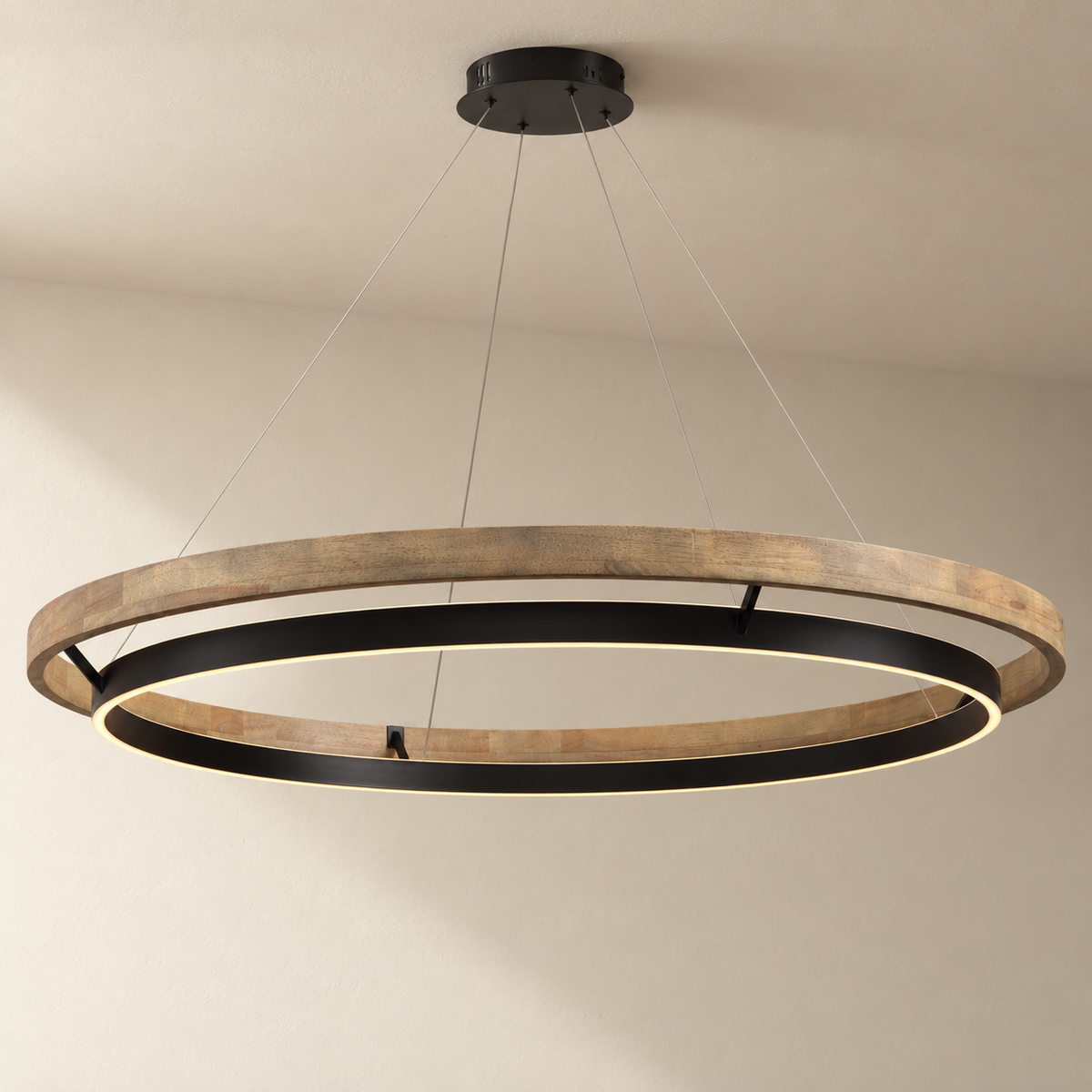 Espargos circular LED ceiling light, weathered wood, 120 cm diameter, on a plain ceiling.