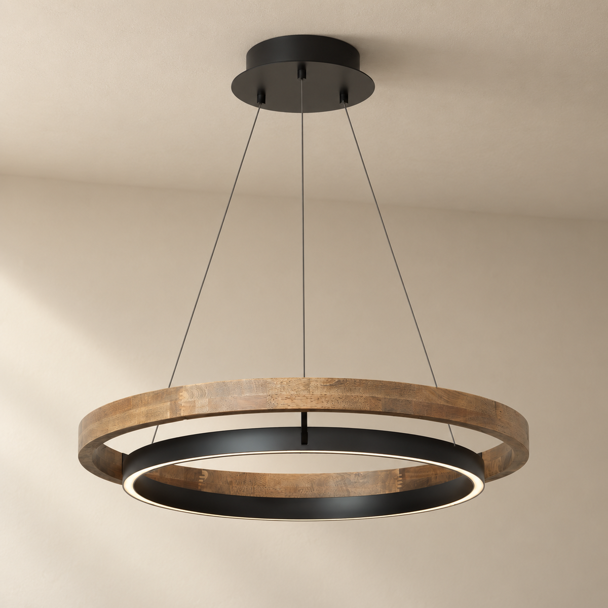 Espargos circular LED ceiling light, weathered wood, on a plain ceiling.