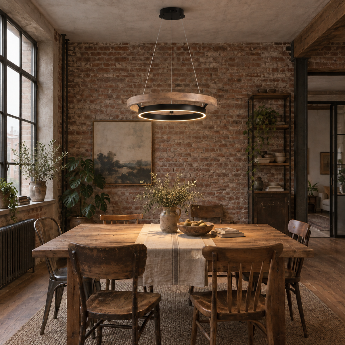 Espargos circular LED ceiling light, weathered wood, in a loft.