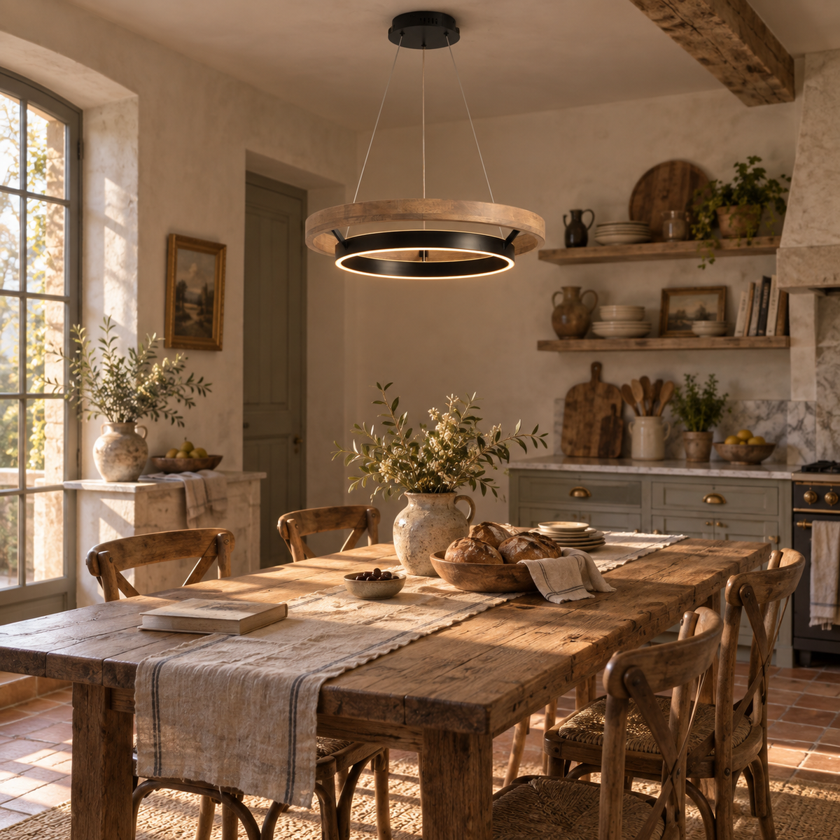 Espargos circular LED ceiling light, weathered wood, in a kitchen.