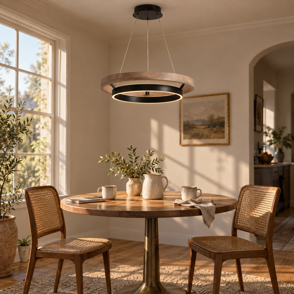 Espargos circular LED ceiling light, weathered wood, beside a breakfast nook table.