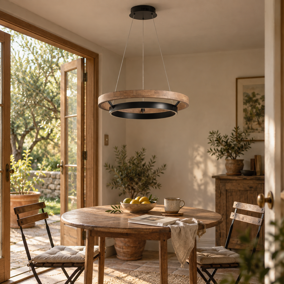 Espargos circular LED ceiling light, weathered wood, in a garden.