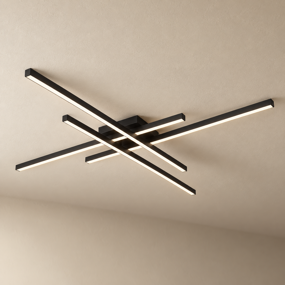 Esposende linear flush mount ceiling light in black, on a plain ceiling.