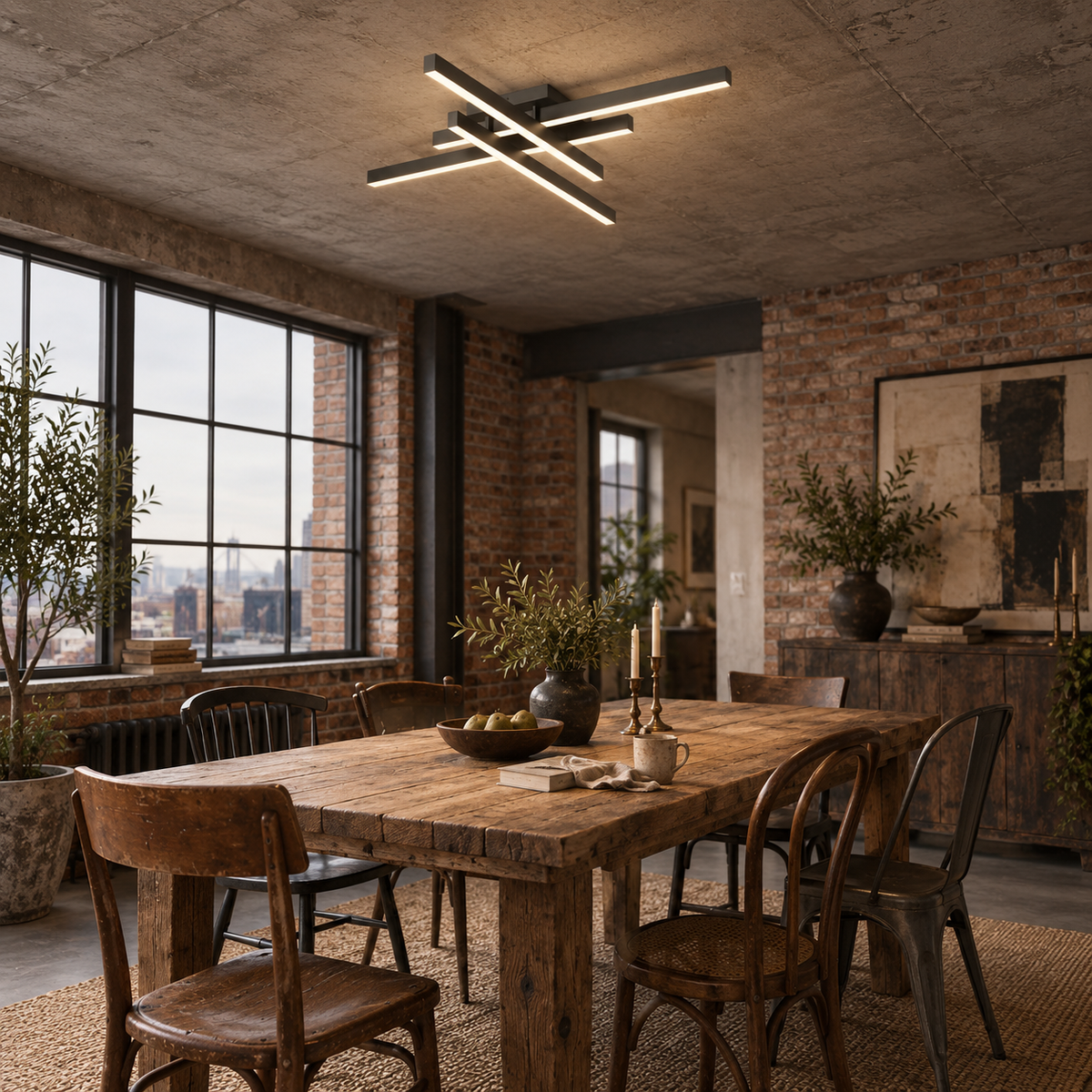Esposende linear flush mount ceiling light in black, in a loft.