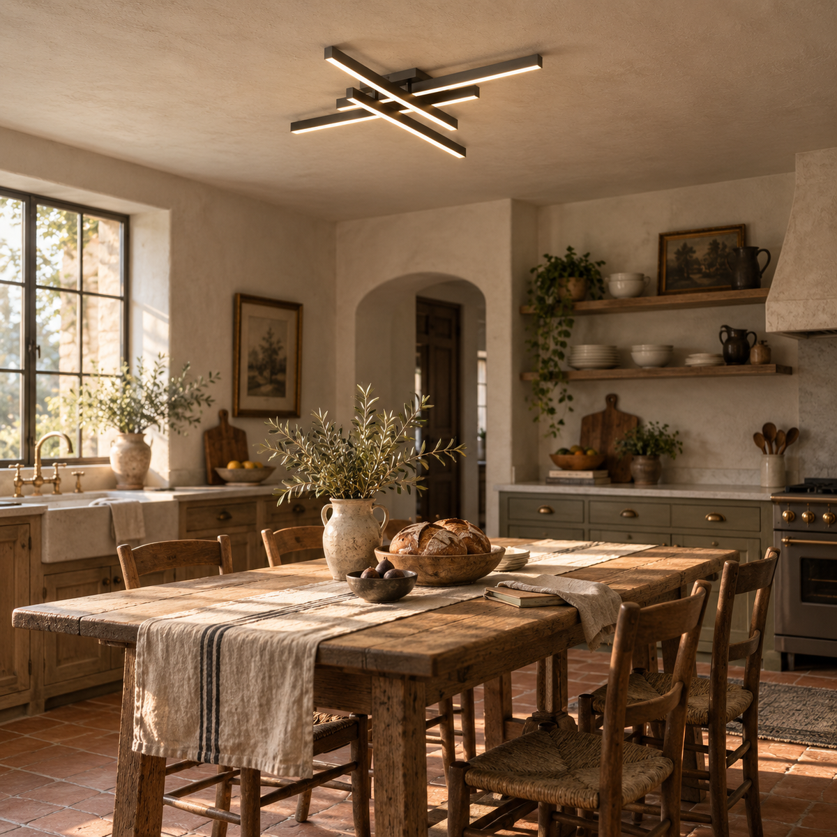 Esposende linear flush mount ceiling light in black, in a kitchen.