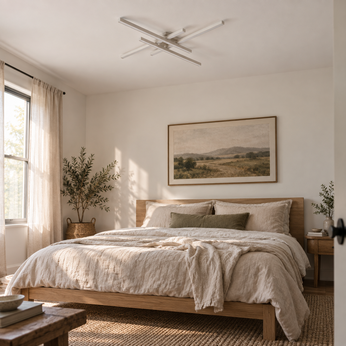 Esposende linear flush mount ceiling light in black, in a bedroom, with a low oak bed.