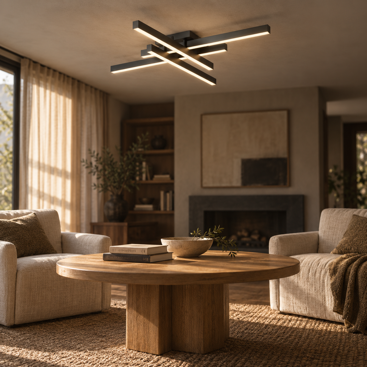 Esposende linear flush mount ceiling light in black, in a living room.