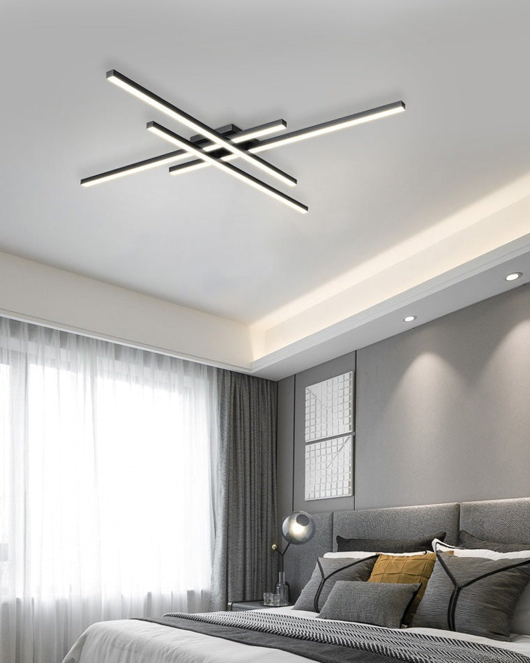 Esposende linear flush mount ceiling light, in a living room, above a grey sofa.