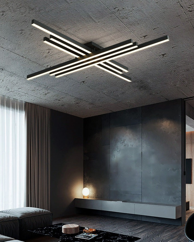 Esposende linear flush mount ceiling light, in a living room, against a concrete ceiling.