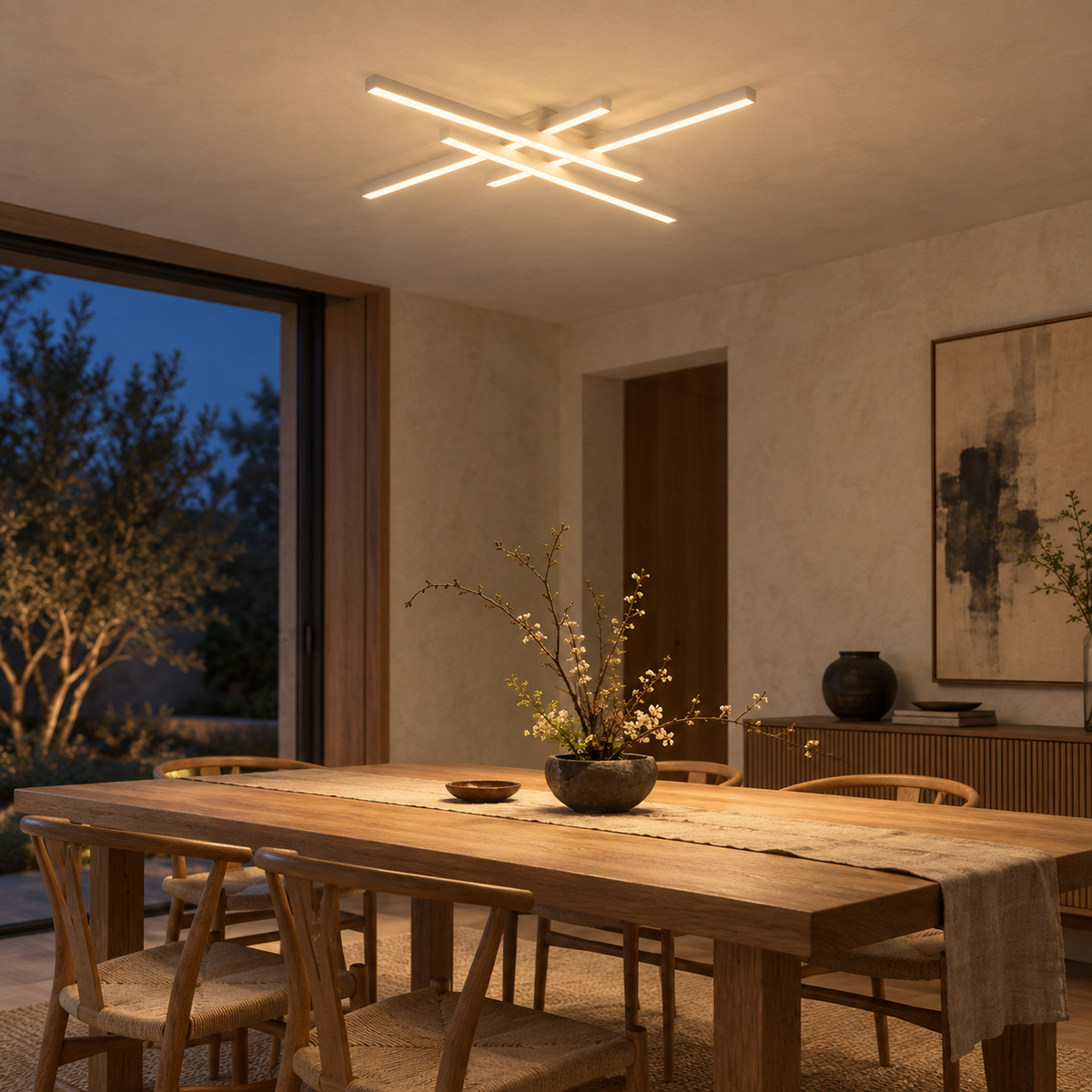 Esposende linear flush mount ceiling light in white, in a dining room.