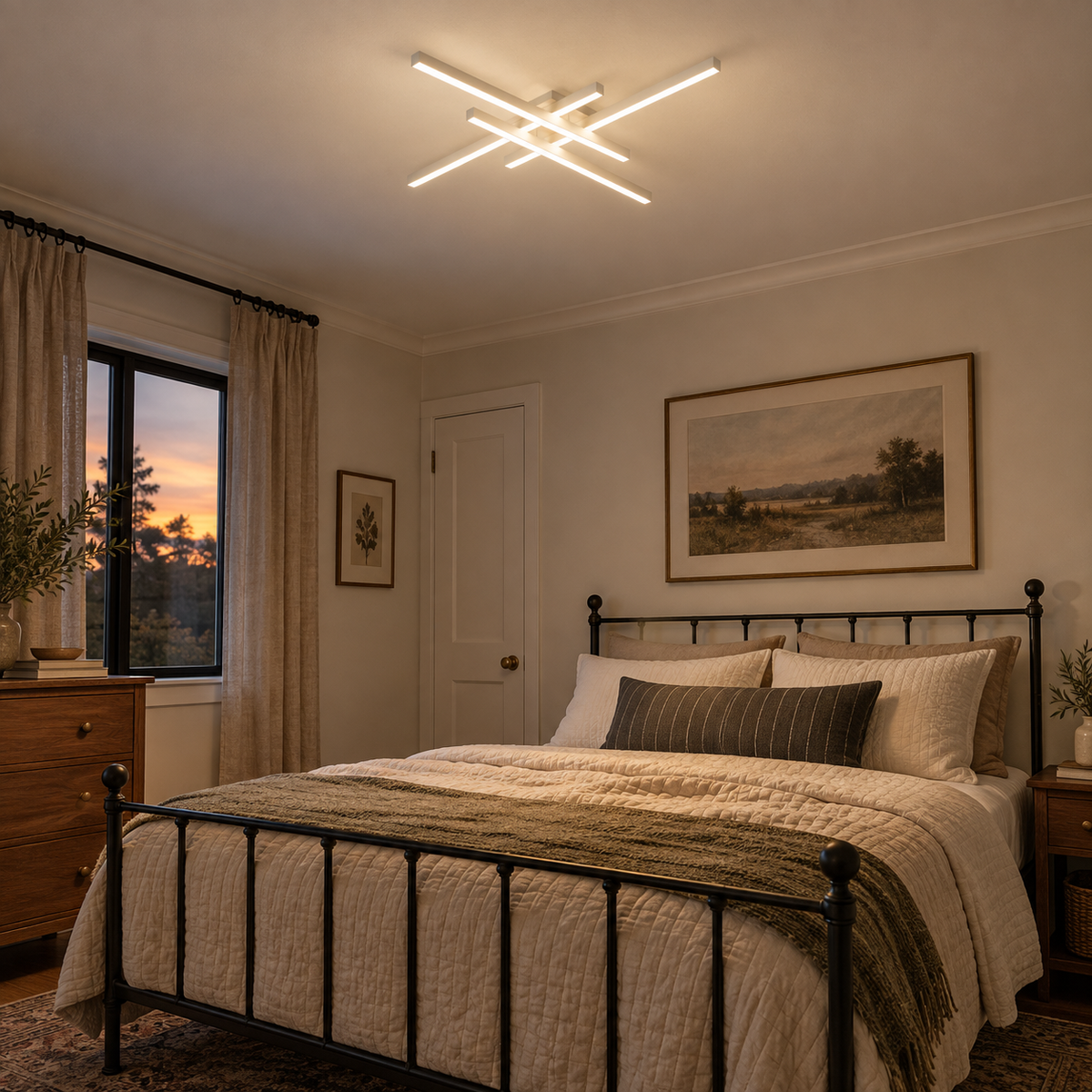 Esposende linear flush mount ceiling light in white, in a bedroom.