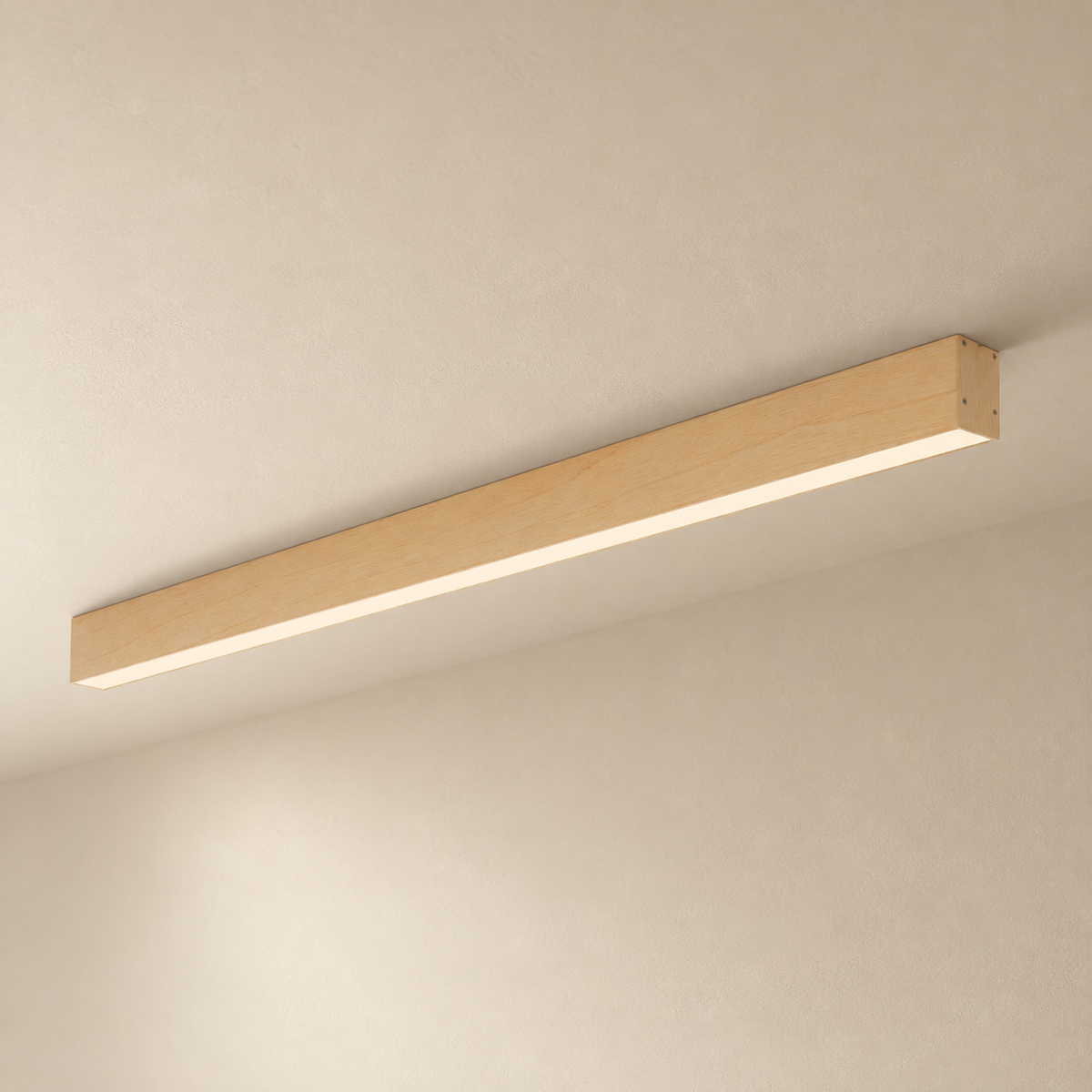 Estarreja linear ceiling light in oak, on a plain ceiling.