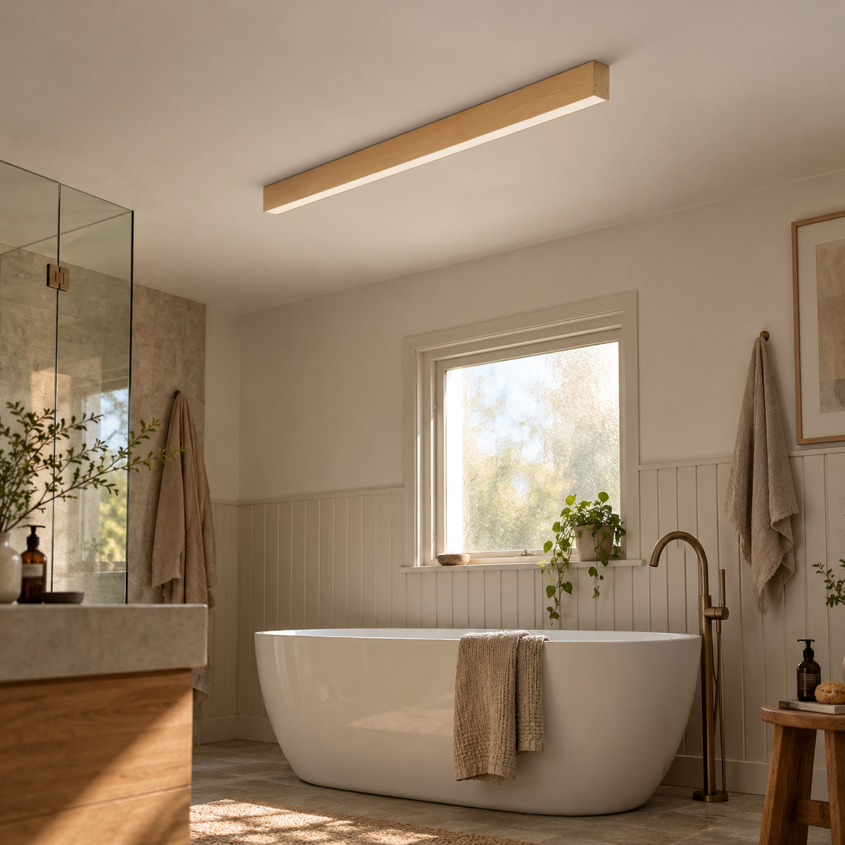 Estarreja linear ceiling light in oak, in a bathroom.