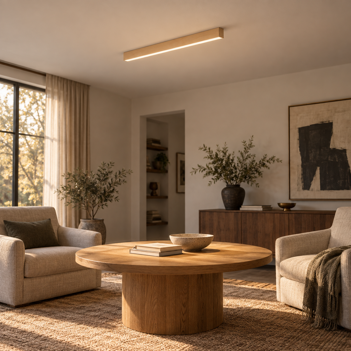 Estarreja linear ceiling light in oak, in a living room.
