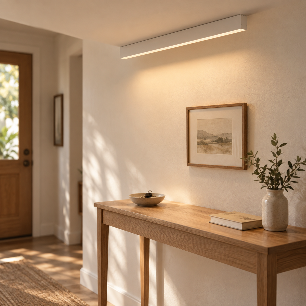 Estarreja linear ceiling light in walnut, in an entryway.