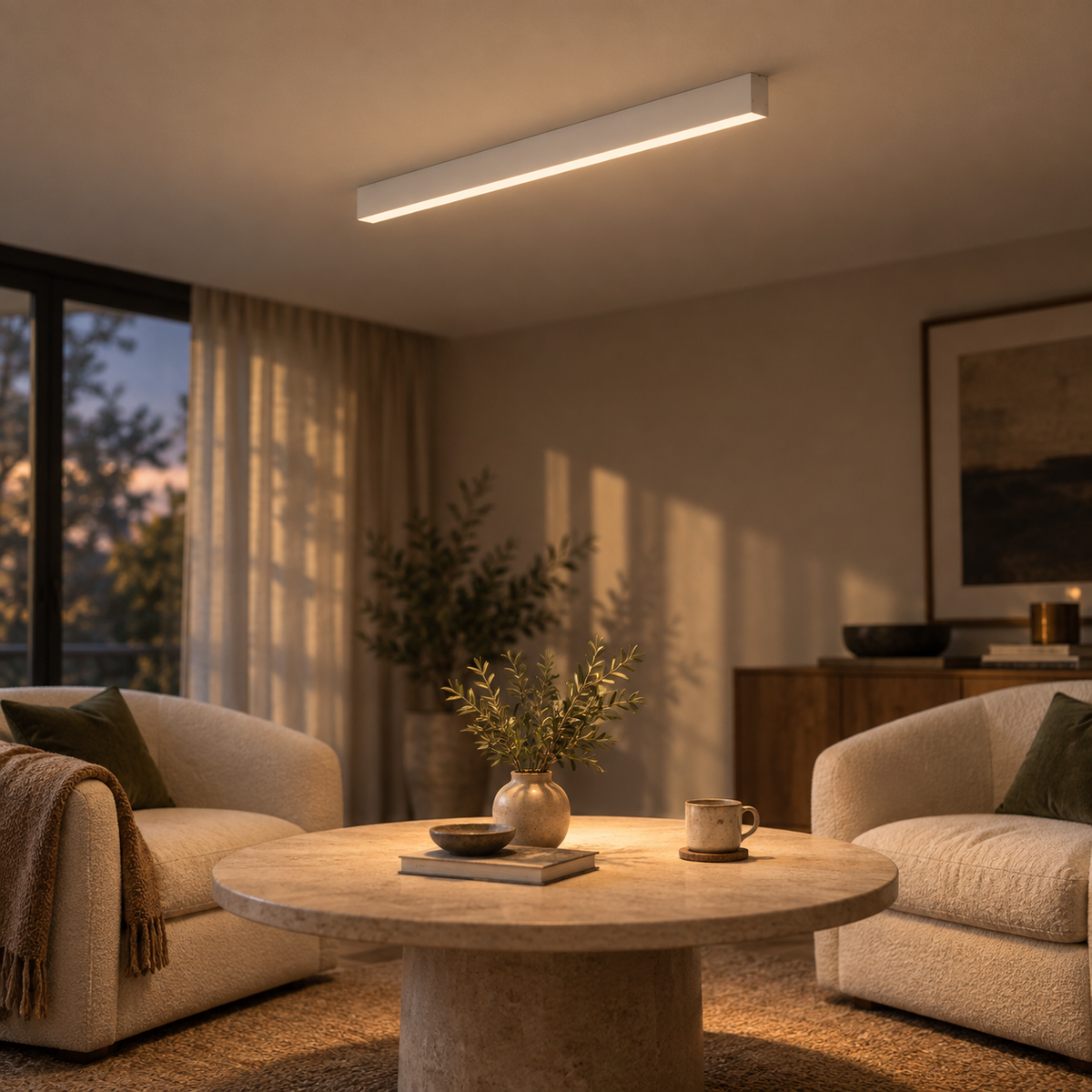 Estarreja linear ceiling light in white, in a conversation corner.