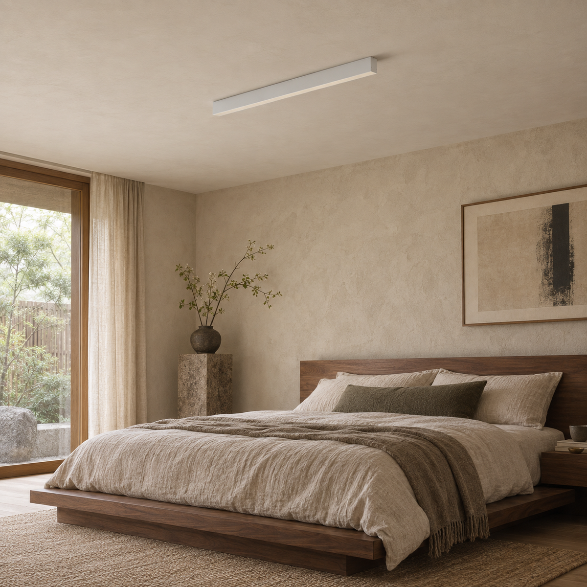 Estarreja linear ceiling light in white, in a bedroom.
