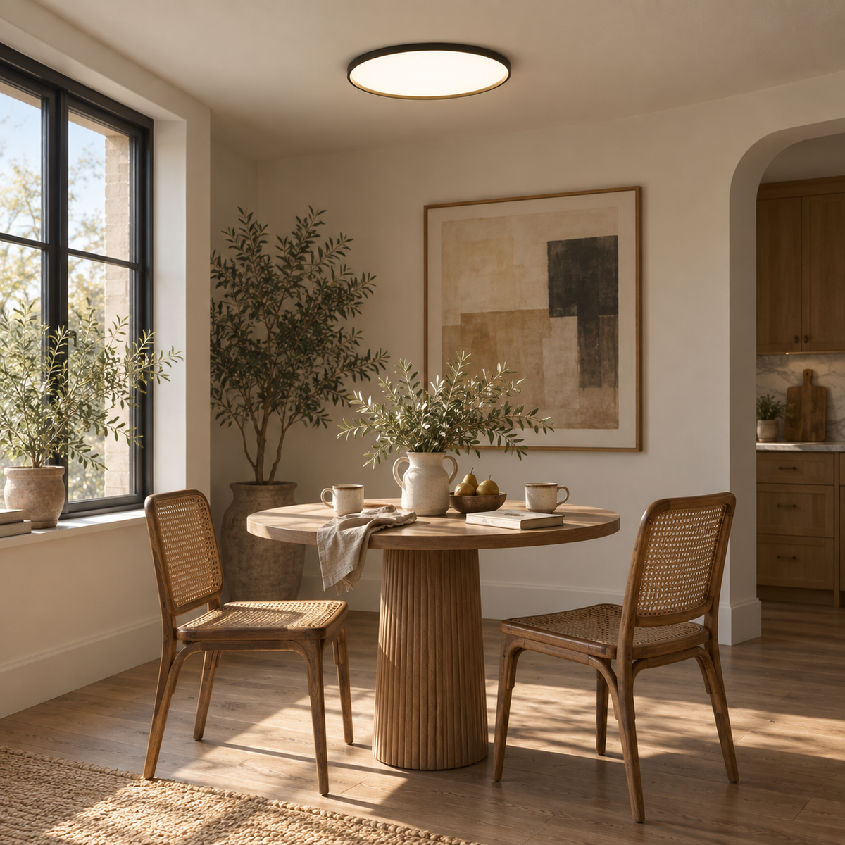 Estorãos flat round flush mount ceiling light in black, beside a breakfast nook table.