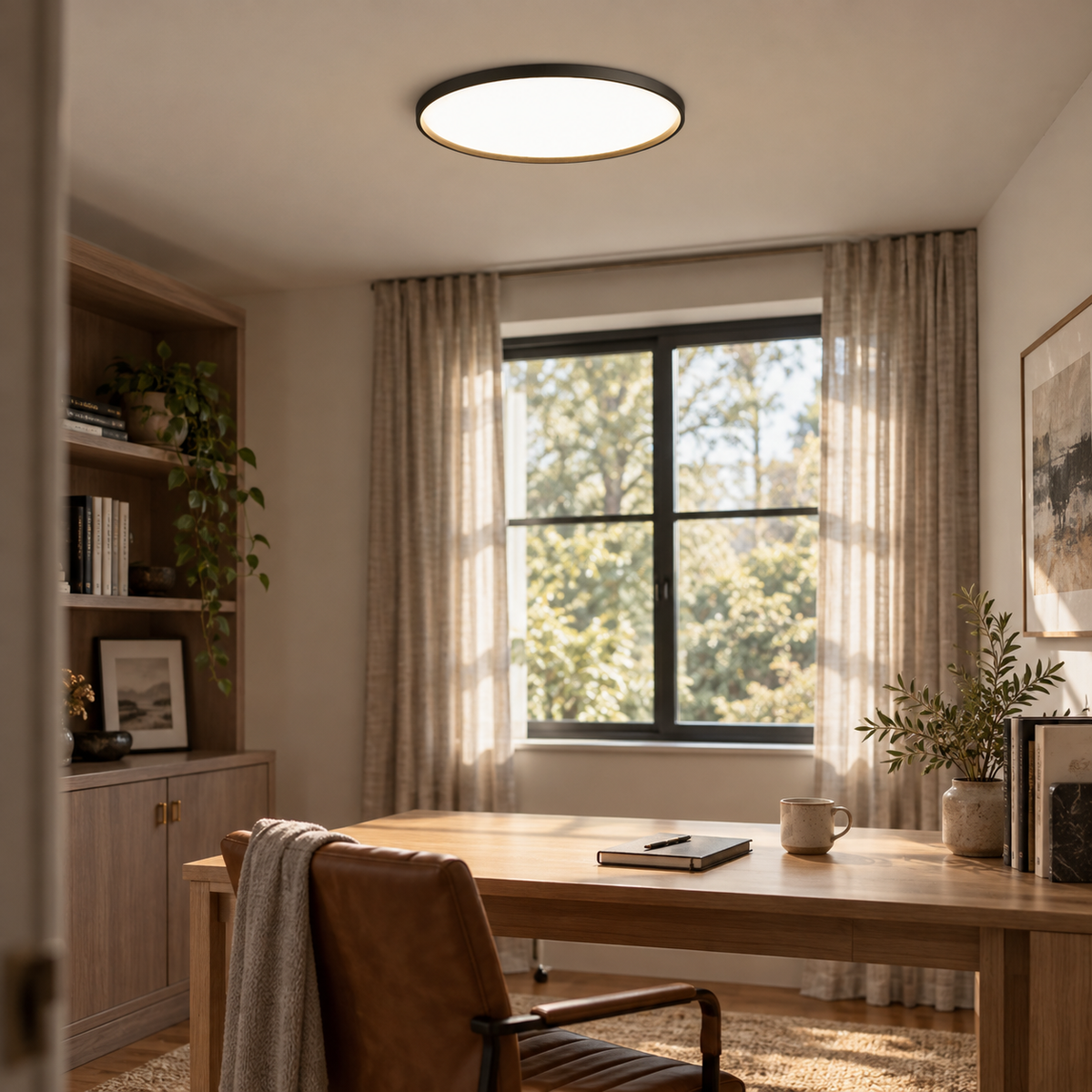Estorãos flat round flush mount ceiling light in black, in a study.